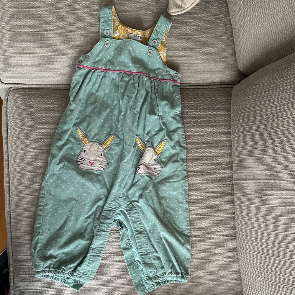 Baby Boden Green Polka Dot Bunny Appliqué Overalls